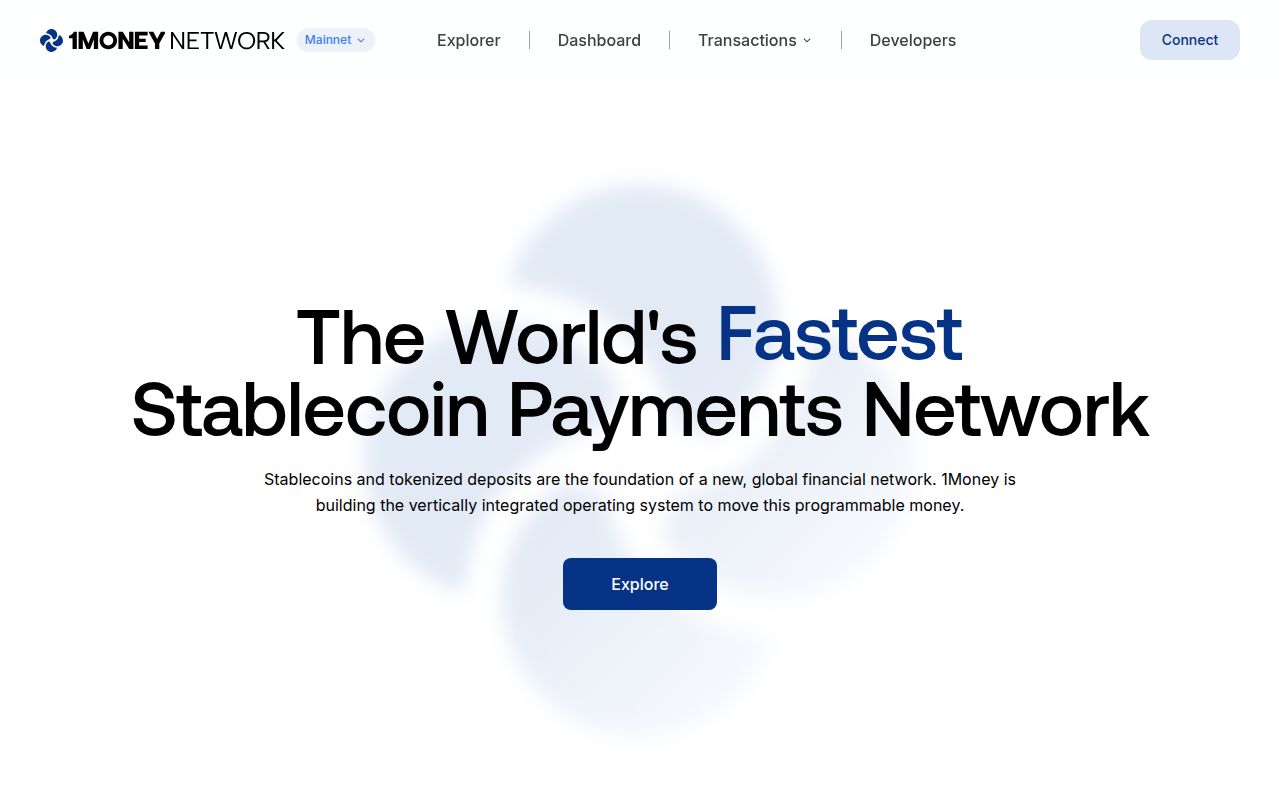 Screenshot of 1Money (1moneynetwork.com) — Layer 1 protocol for stablecoin payments