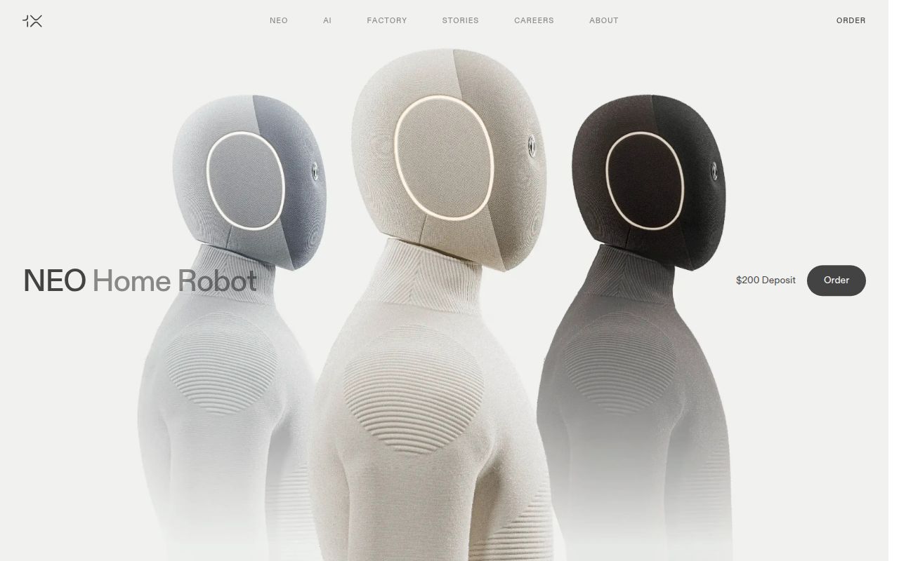 Screenshot of 1X (1x.tech) — Humanoid robots for the home