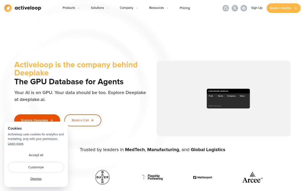 Screenshot of Activeloop (activeloop.ai) — Enterprise AI search