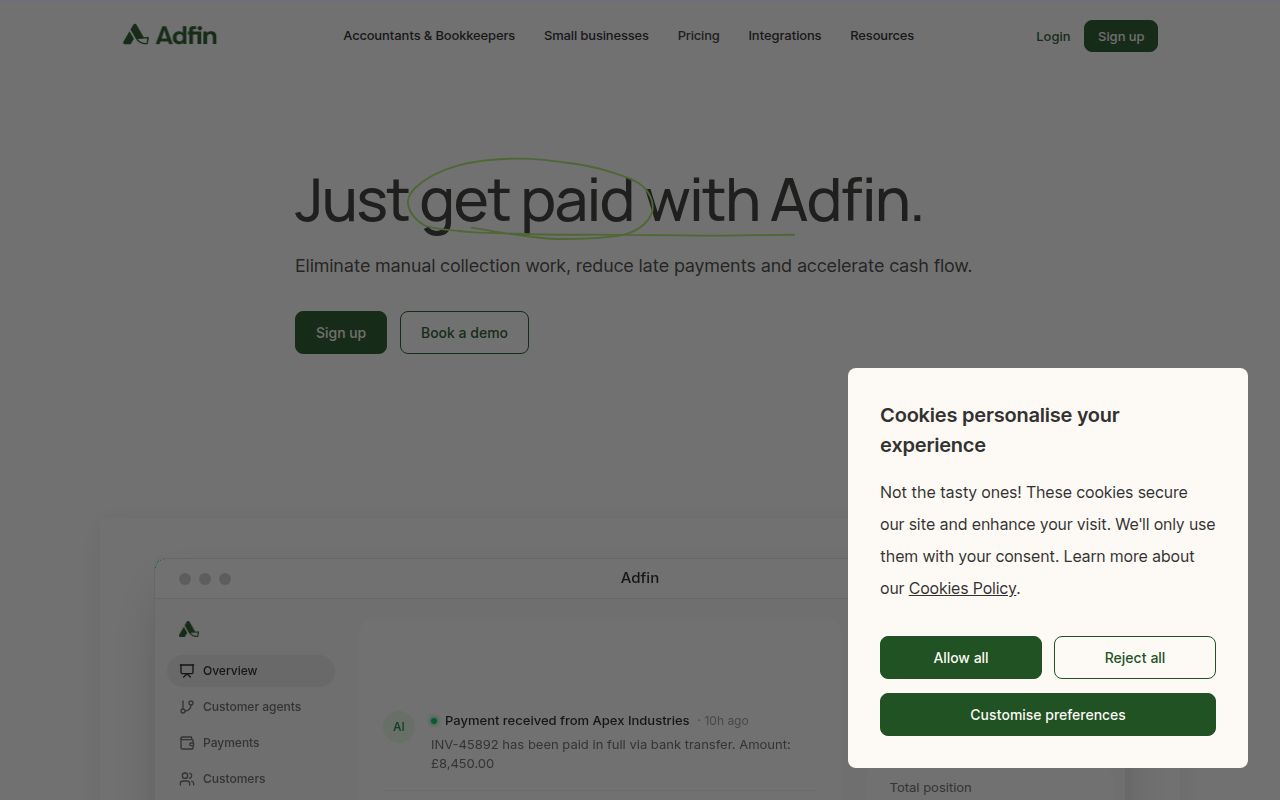 Screenshot of Adfin (adfin.com) — The best way to get bills paid