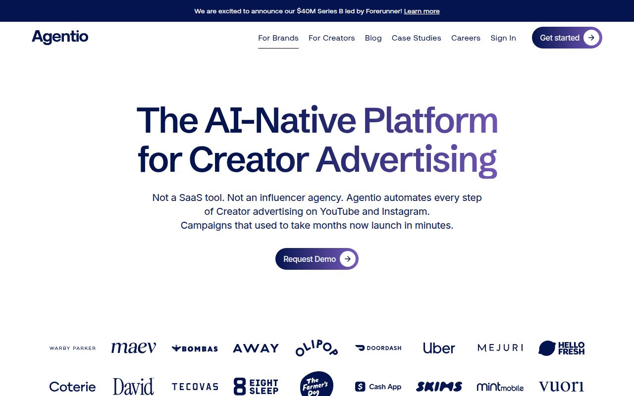 Screenshot of Agentio (agentio.com) — Ad platform for creator content