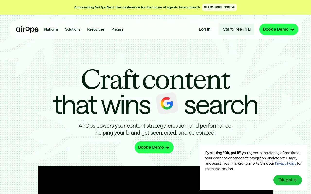 Screenshot of Airops (airops.com) — Helping brands win AI search