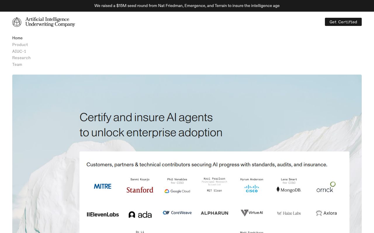 Screenshot of Artificial Intelligence Underwriting Company (aiuc.com) — The world's first standard for AI agents