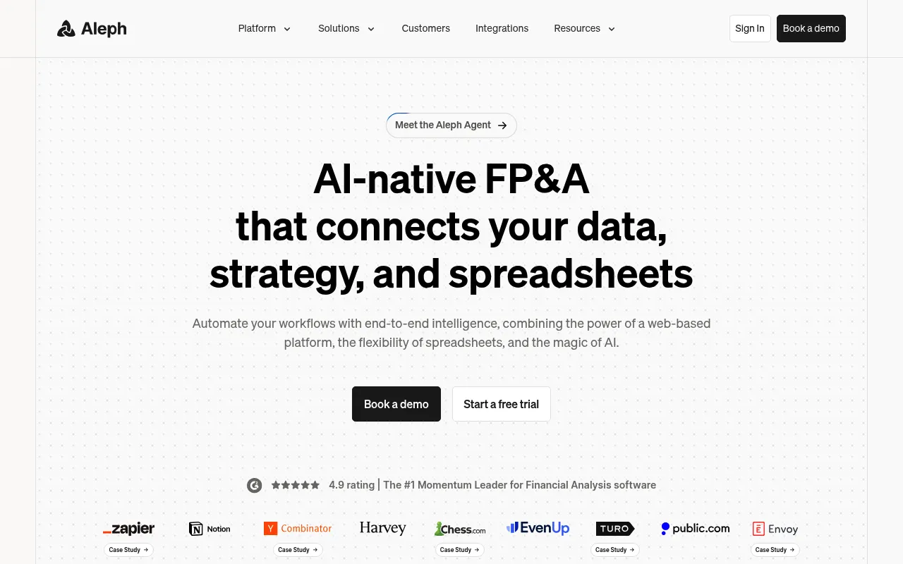 Screenshot of Aleph (getaleph.com) — FP&amp;A software for finance teams