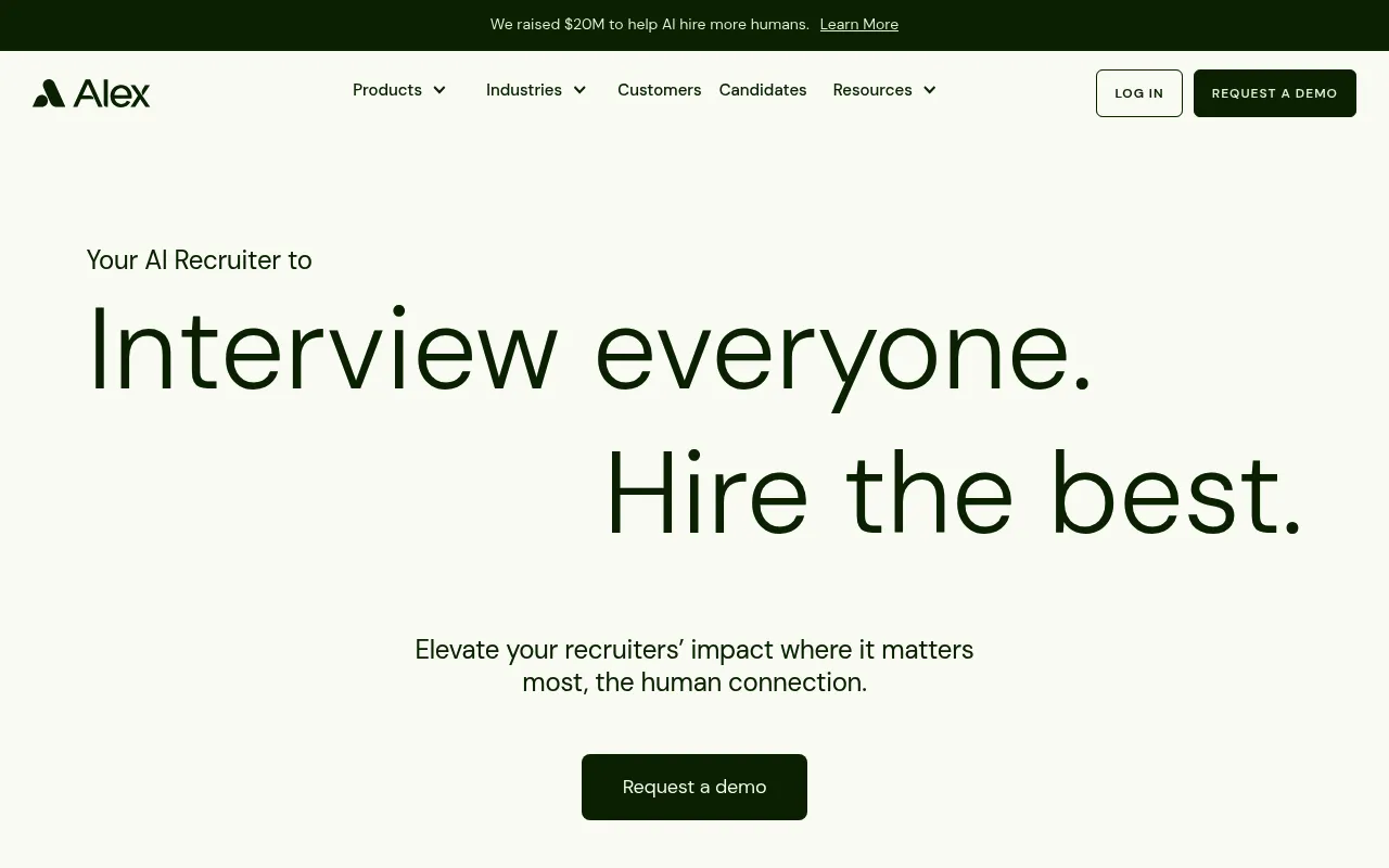 Screenshot of Alex (alex.com) — Autonomous AI recruiter