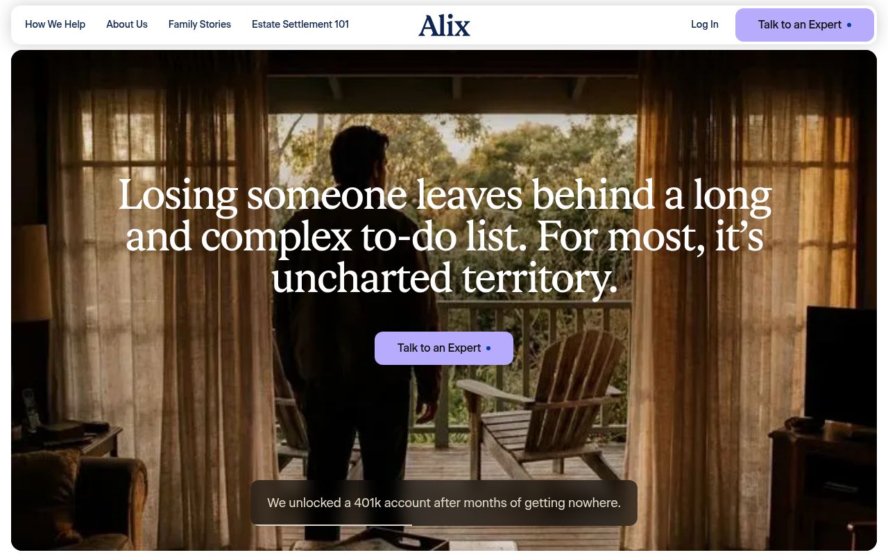 Screenshot of Alix (meetalix.com) — Wealth transfer platform