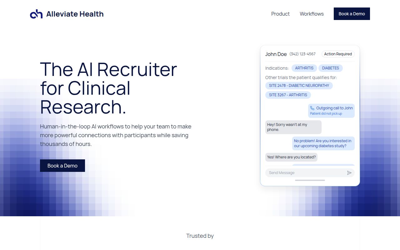 Screenshot of Alleviate Health (alleviatehealth.care) — Conversational AI to accelerate clinical trials recruitment