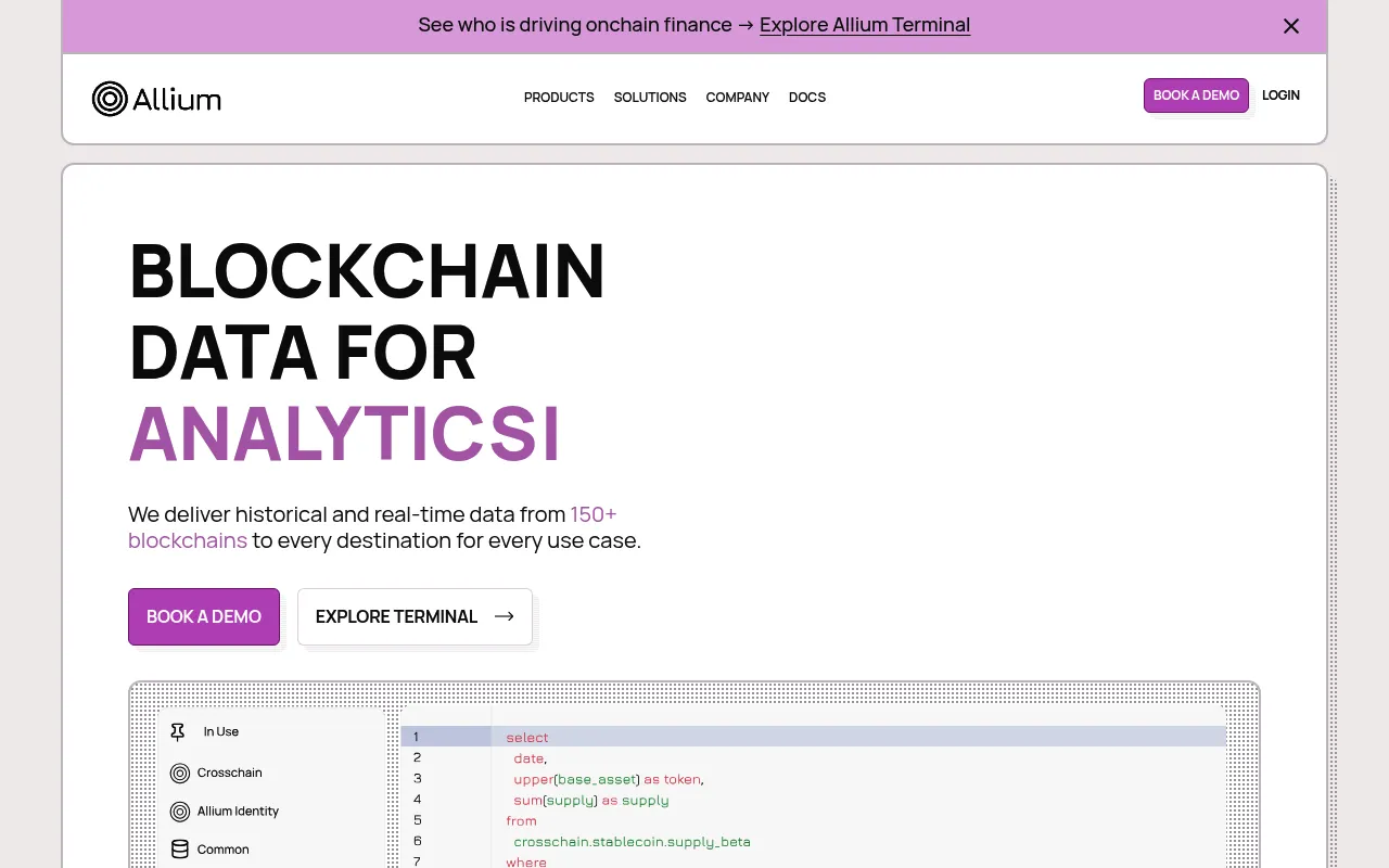 Screenshot of Allium (allium.so) — Blockchain data for every use case