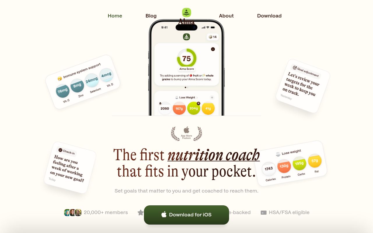 Screenshot of Alma (alma.food) — Your nutrition companion for effortless healthy eating