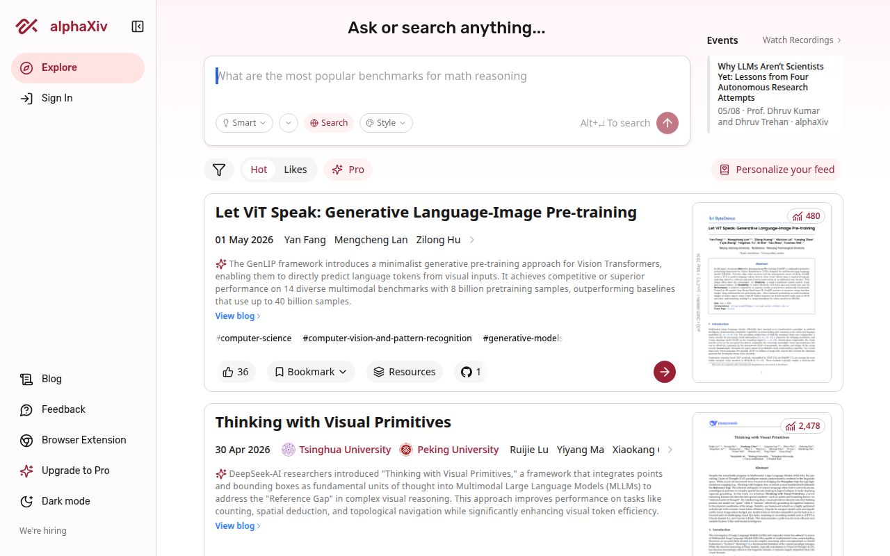 Screenshot of alphaXiv (alphaxiv.org) — Understand papers in minutes