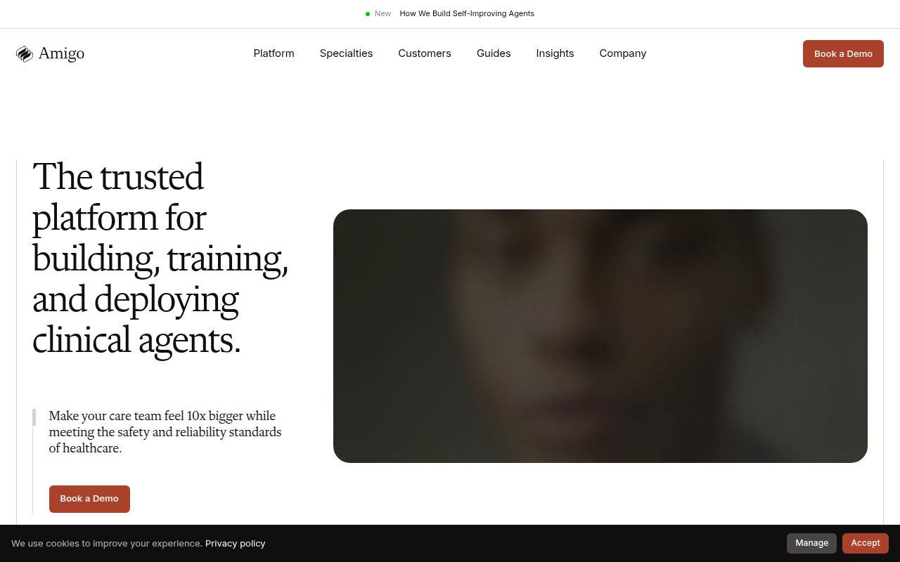 Screenshot of Amigo (amigo.ai) — Building reliable clinical agents