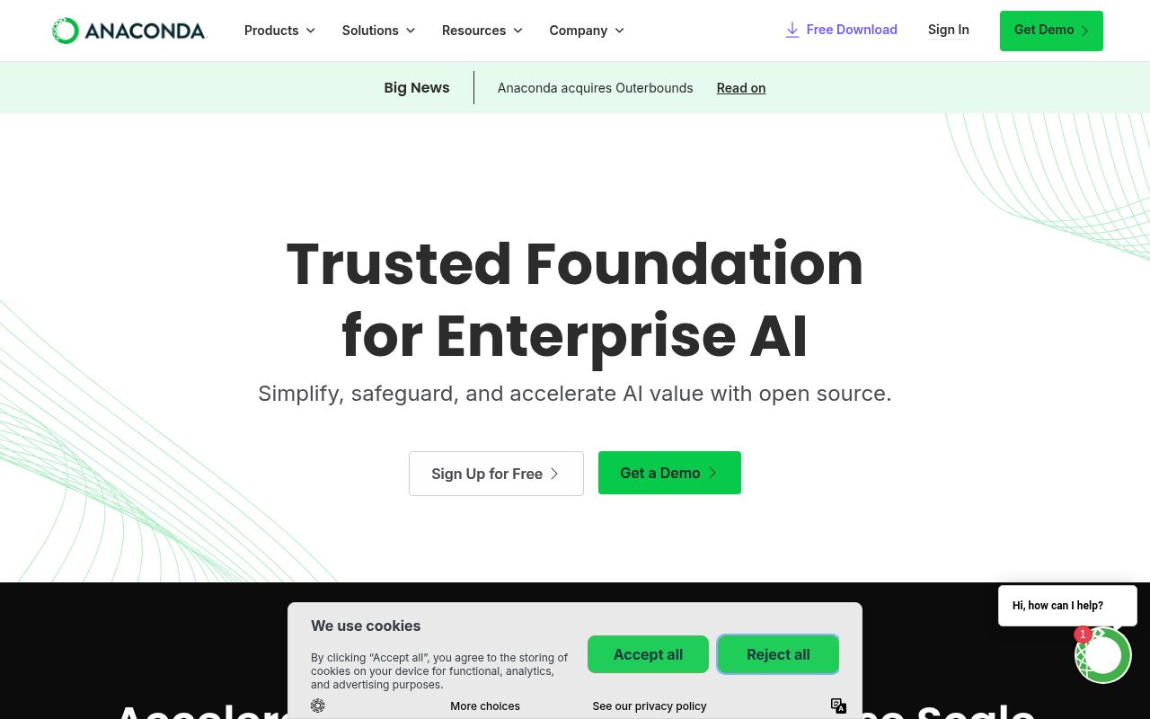 Screenshot of Anaconda (anaconda.com) — A platform built to advance AI with open source