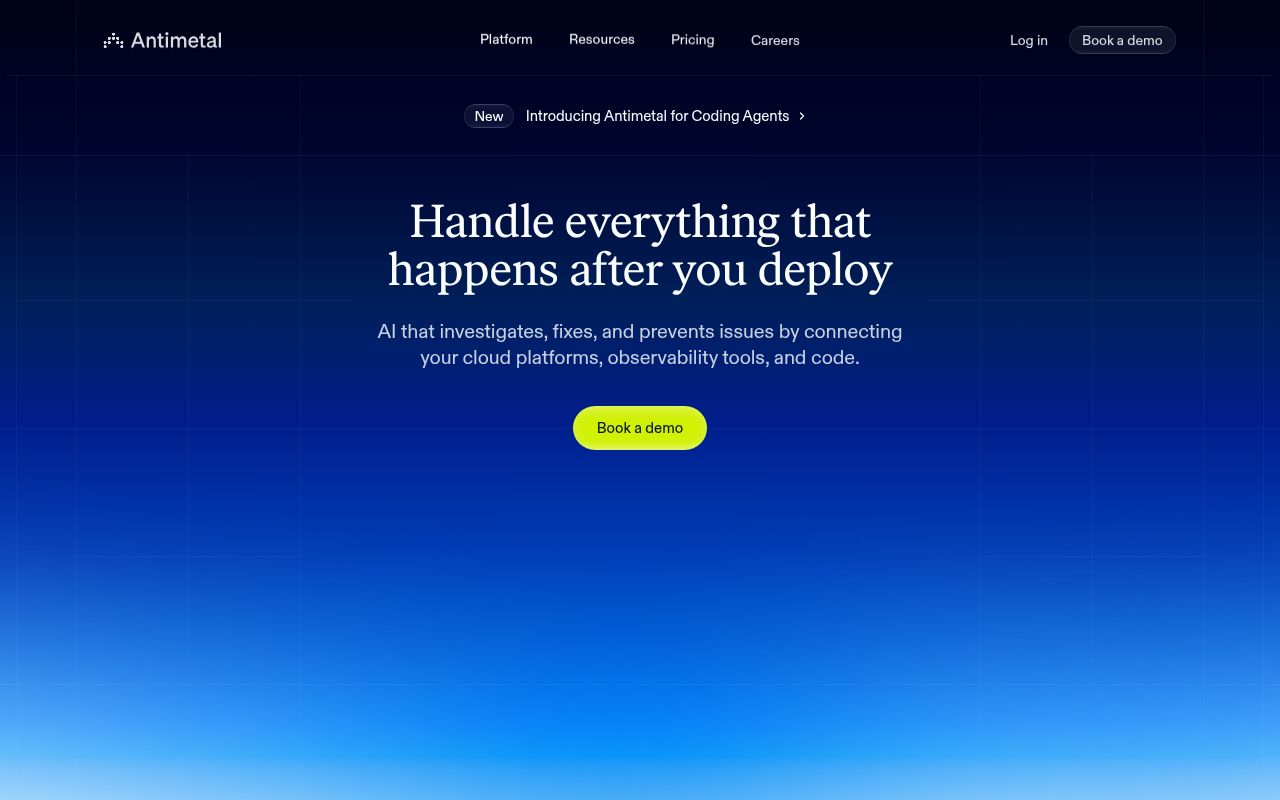 Screenshot of Antimetal (antimetal.com) — For everything that happens after you deploy