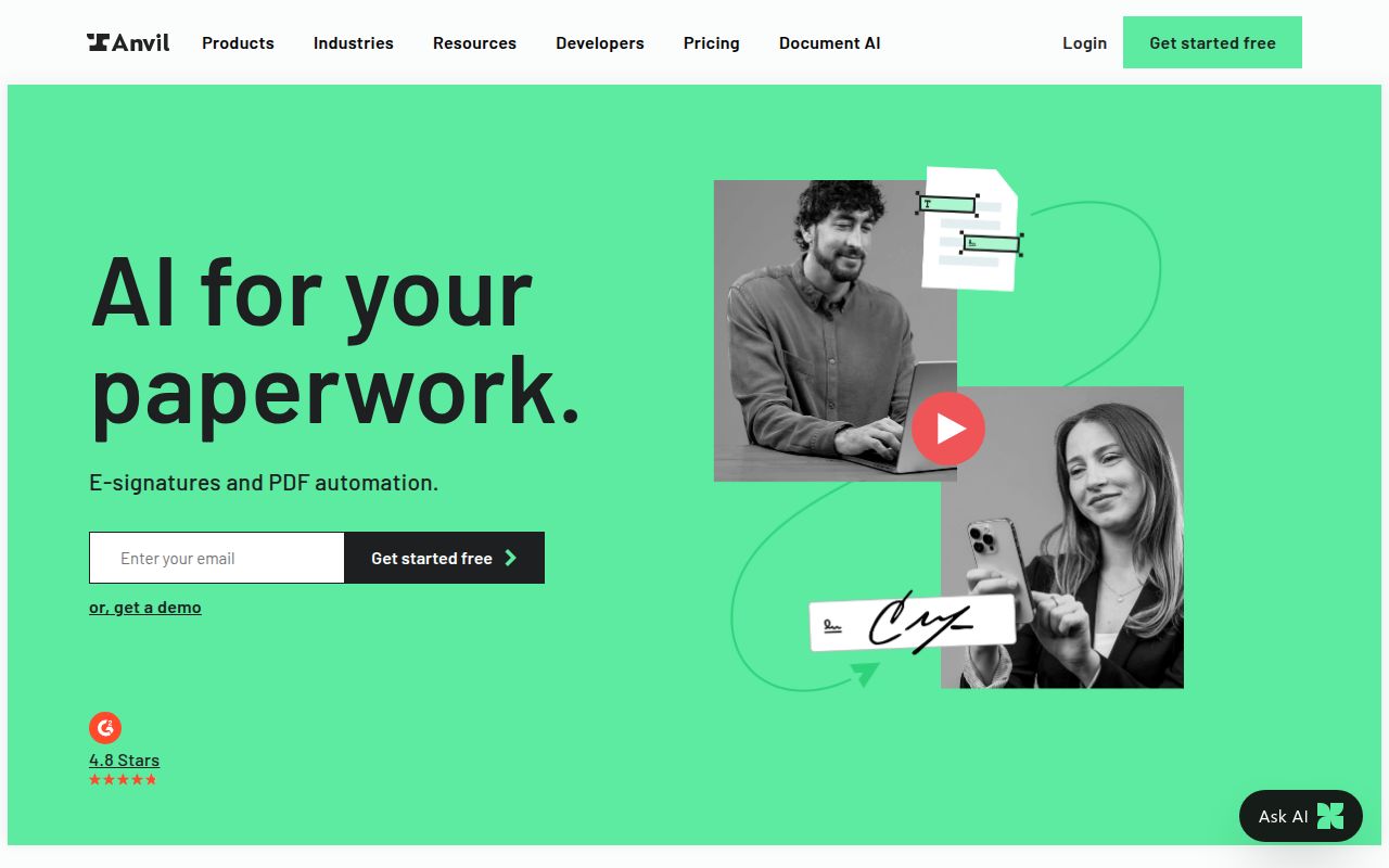Screenshot of Anvil (useanvil.com) — Document SDK for product teams