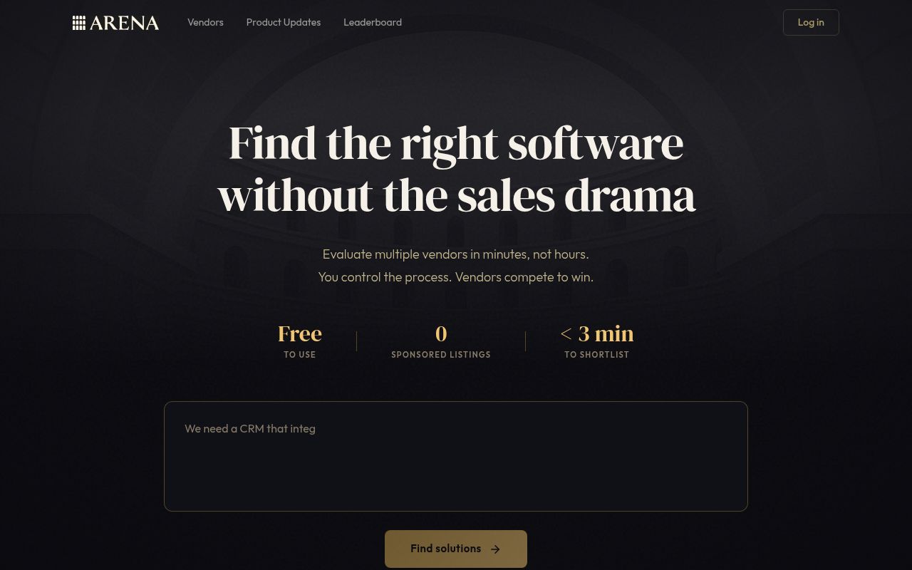 Screenshot of Arena (usearena.com) — Vendor evaluation software