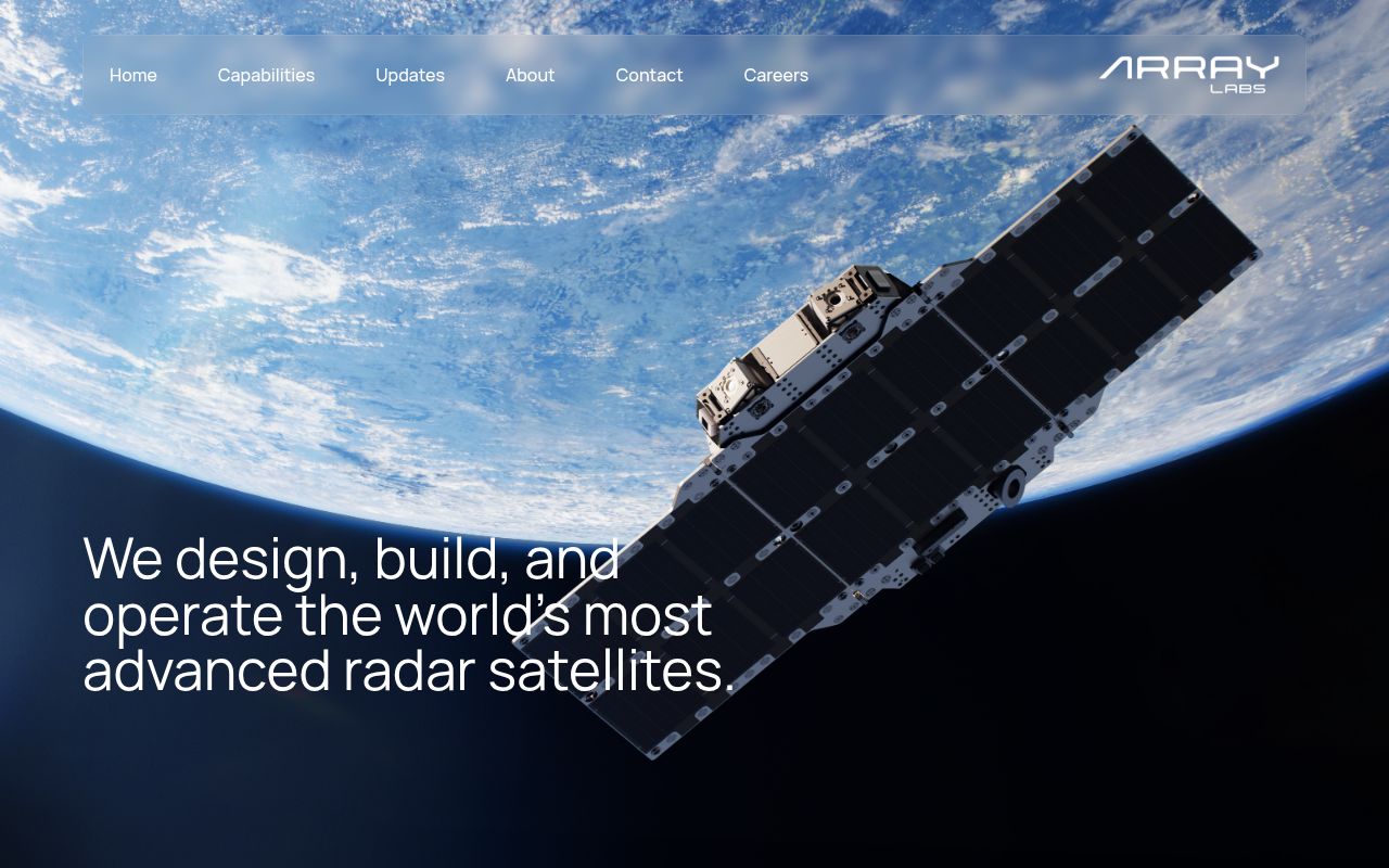 Screenshot of Array Labs (arraylabs.io) — Developing advanced space based radar