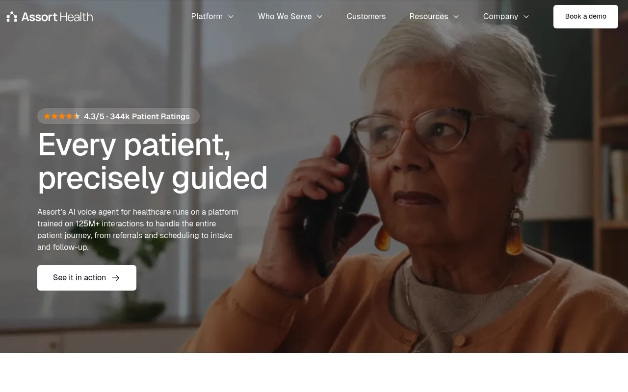 Screenshot of Assort Health (assorthealth.com) — AI agents for healthcare call centers