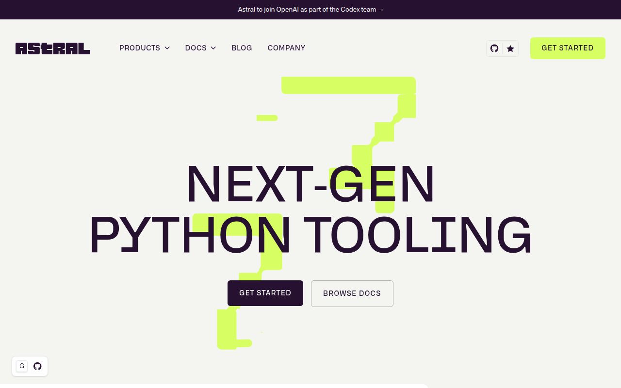 Screenshot of Astral (astral.sh) — Next-gen Python tooling