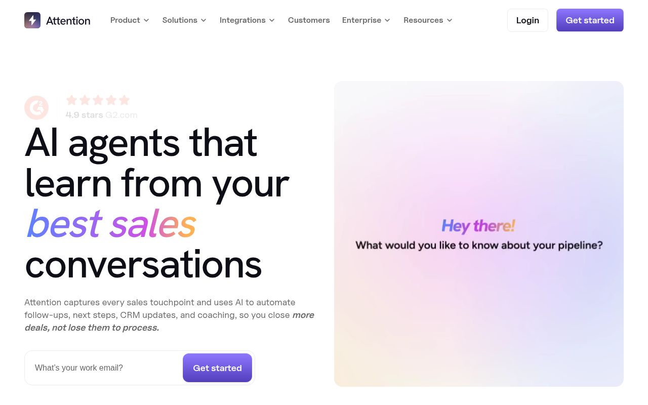 Screenshot of Attention (attention.com) — Enterprise-grade AI for sales teams