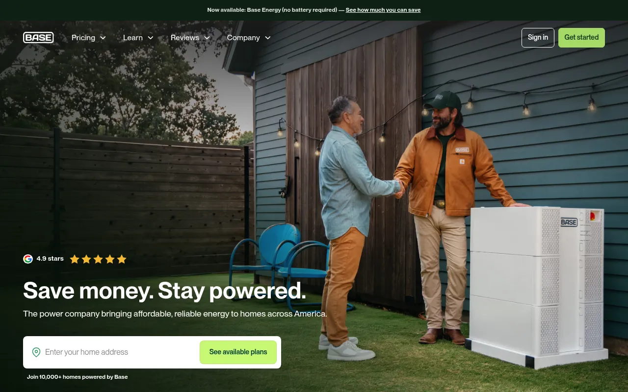 Screenshot of Base (basepowercompany.com) — Building America's next-gen power company