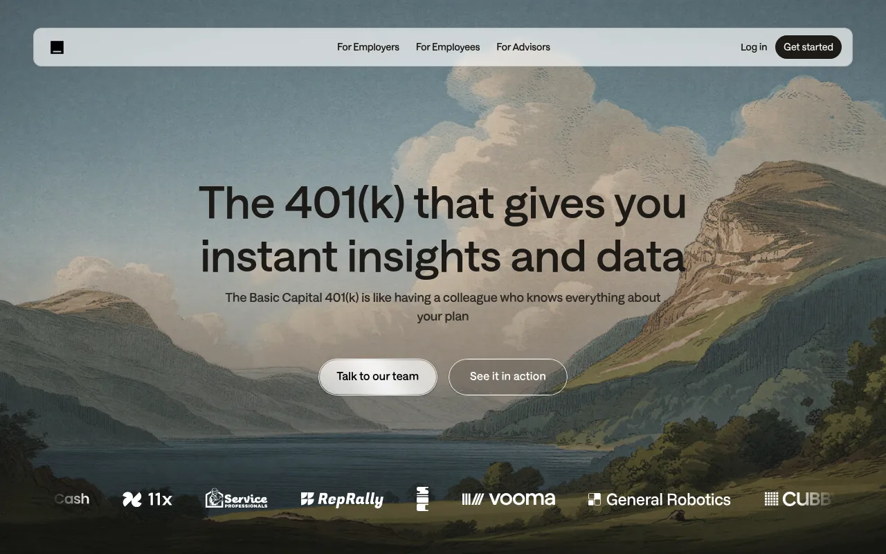 Screenshot of Basic Capital (basiccapital.com) — The new way to 401(k)