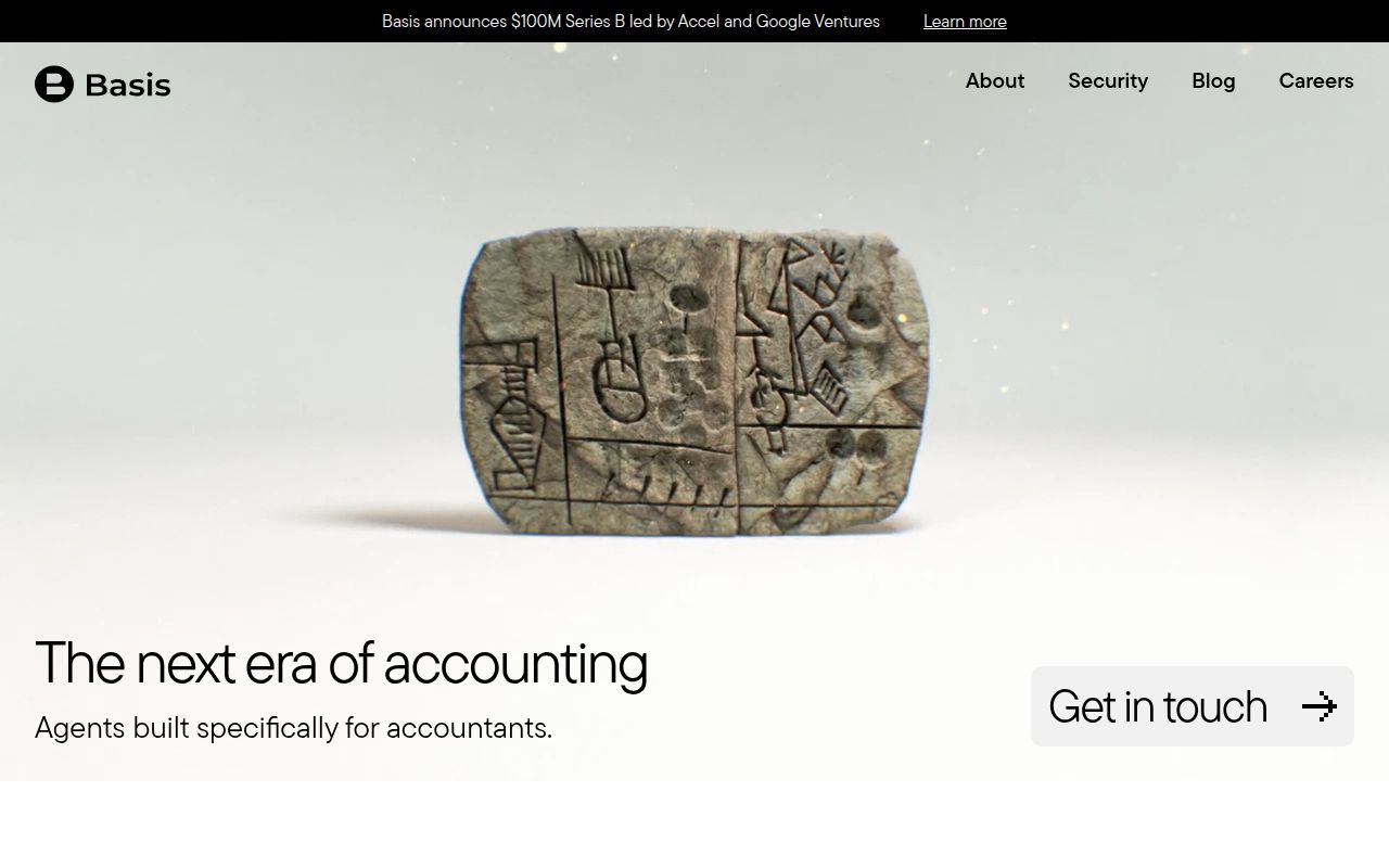 Screenshot of Basis (getbasis.ai) — AI agents built specifically for accountants