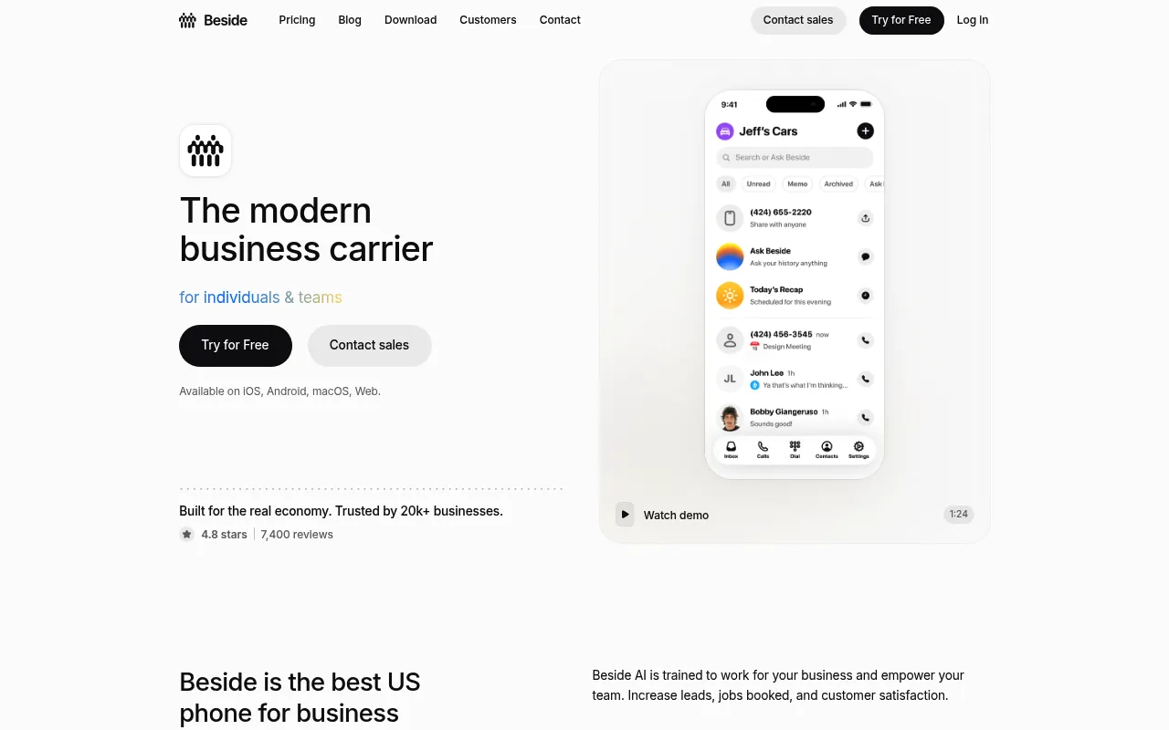 Screenshot of Beside (beside.com) — AI receptionist