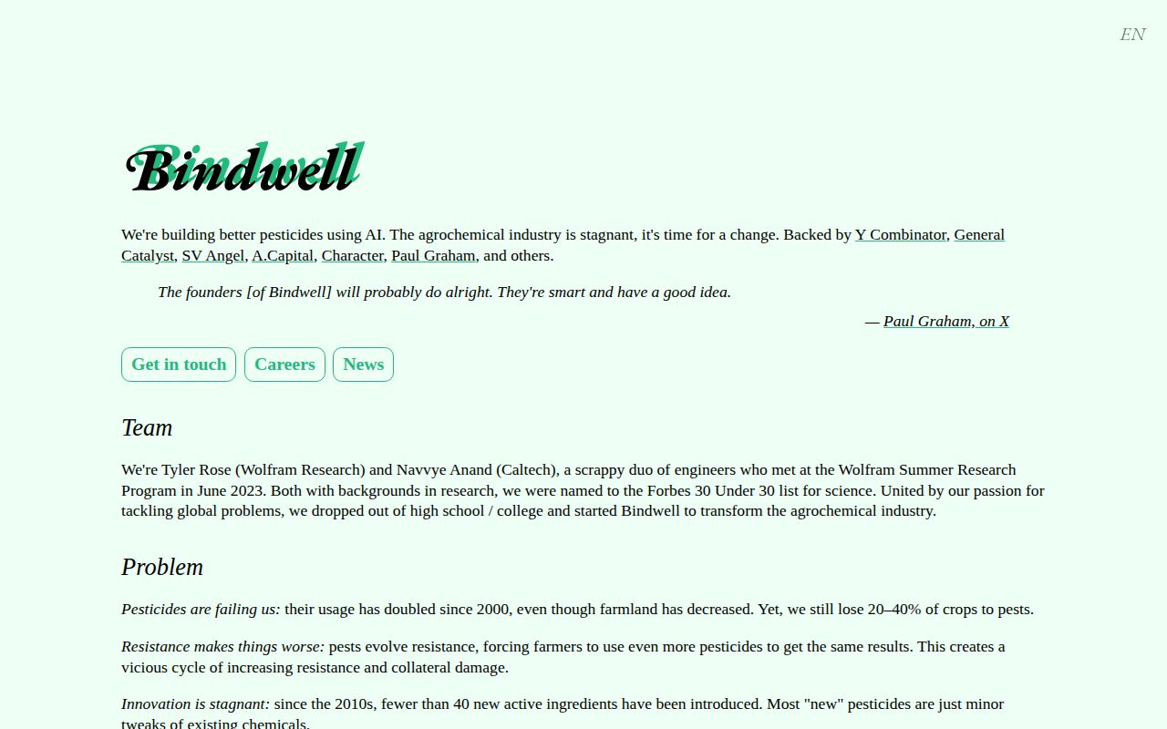 Screenshot of Bindwell (bindwell.ai) — Building better pesticides with AI