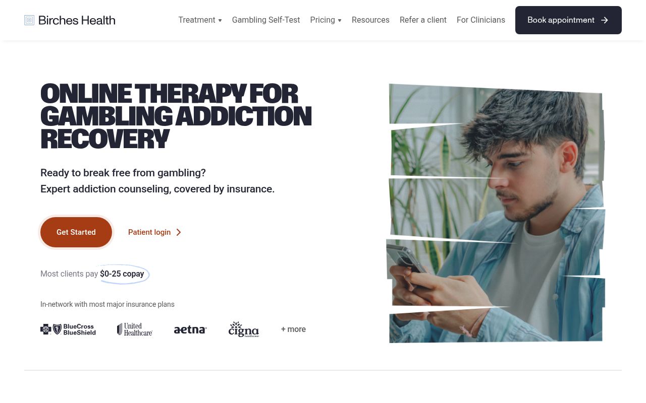 Screenshot of Birches Health (bircheshealth.com) — Gambling addition treatment that works