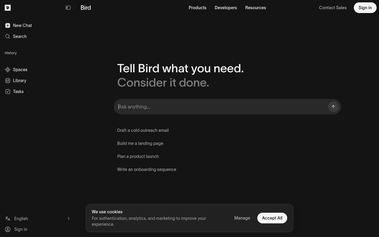 Screenshot of Bird (bird.com) — Cloud communications platform