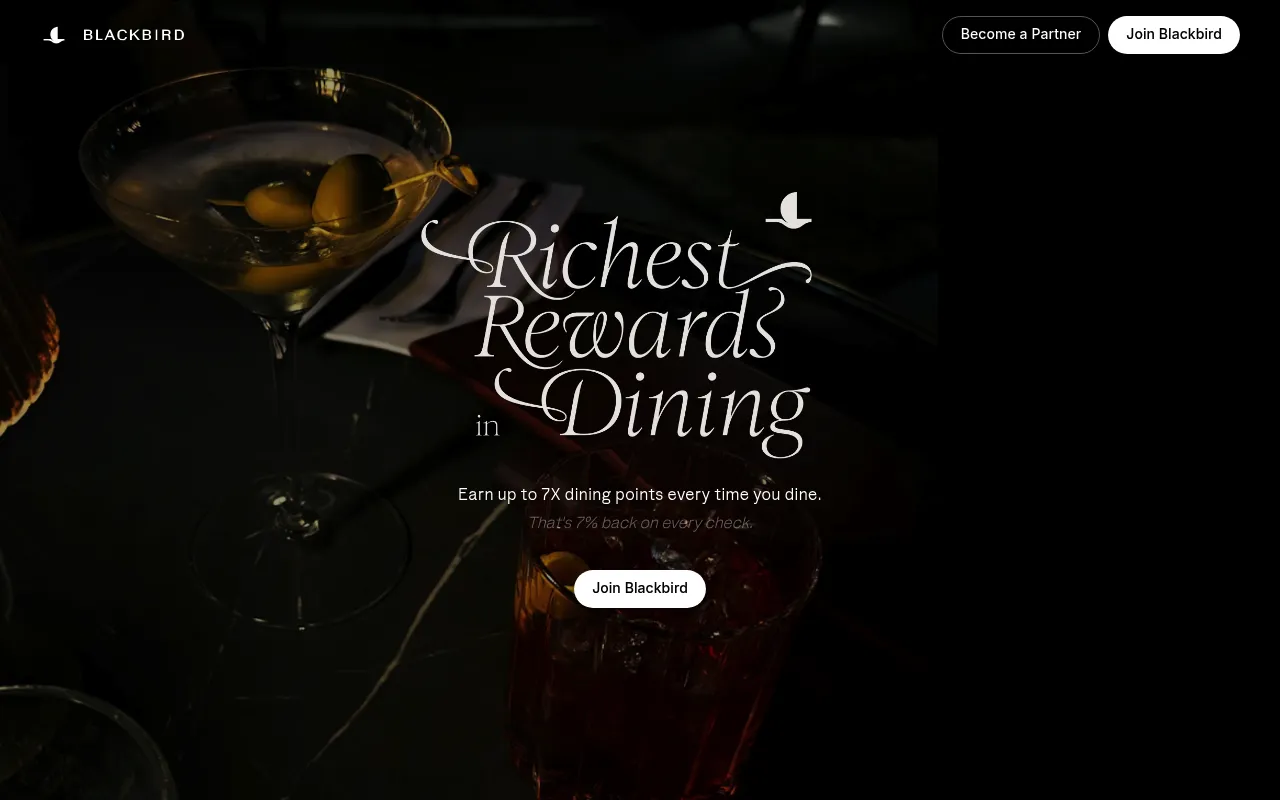 Screenshot of Blackbird (blackbird.xyz) — Crypto restaurant rewards app