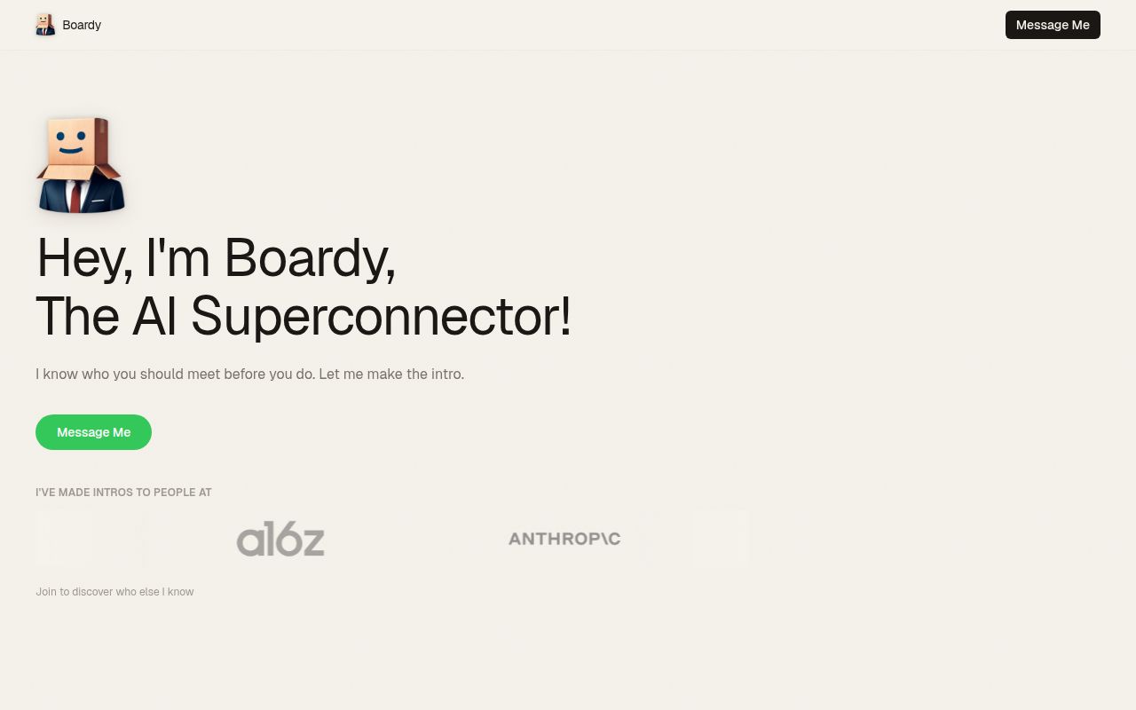 Screenshot of Boardy (boardy.ai) — AI super connector