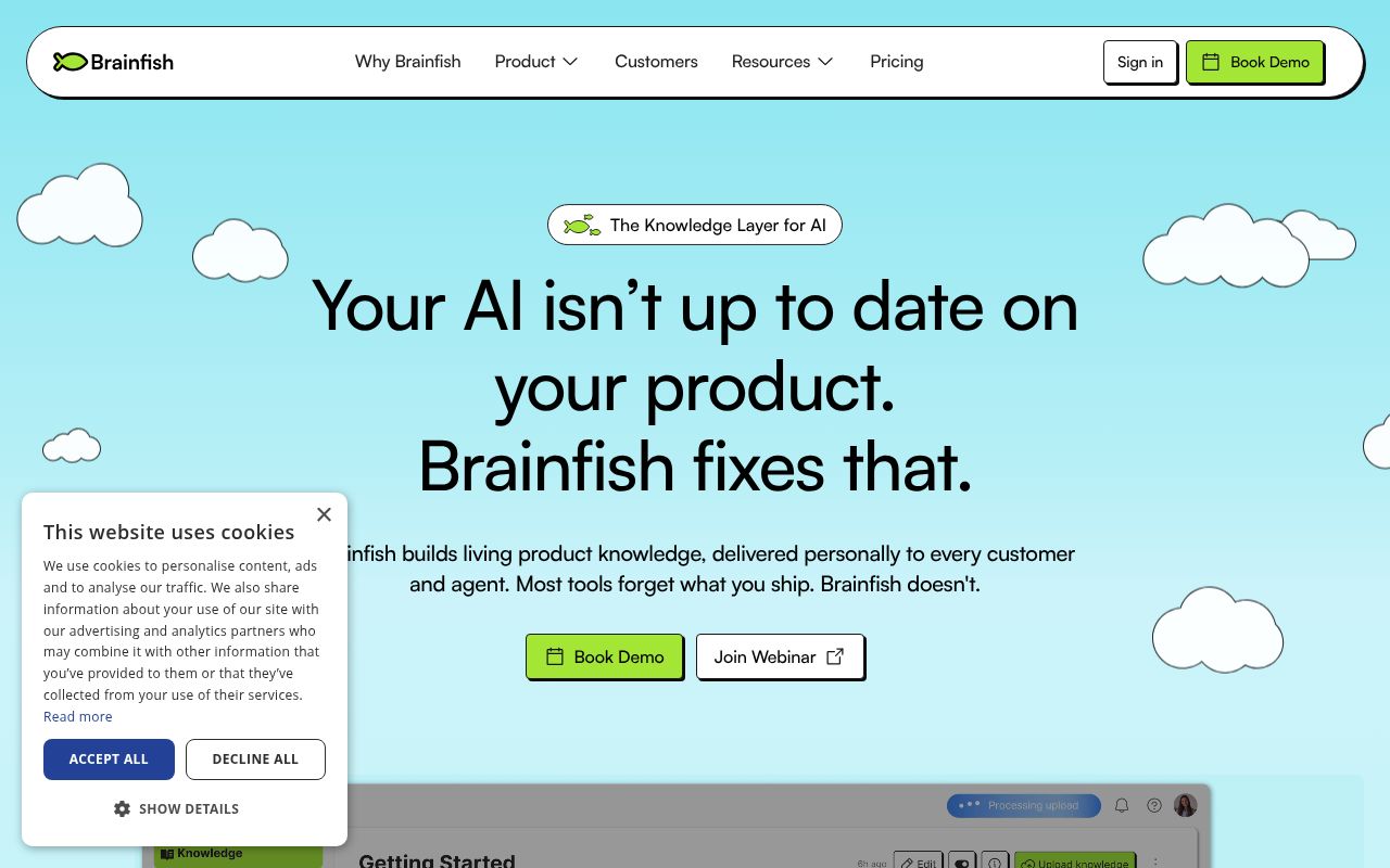 Screenshot of Brainfish (brainfishai.com) — Ambient agents for customer support