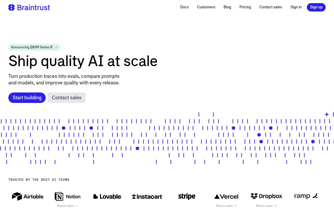Screenshot of Braintrust (braintrust.dev) — The observability layer for production AI