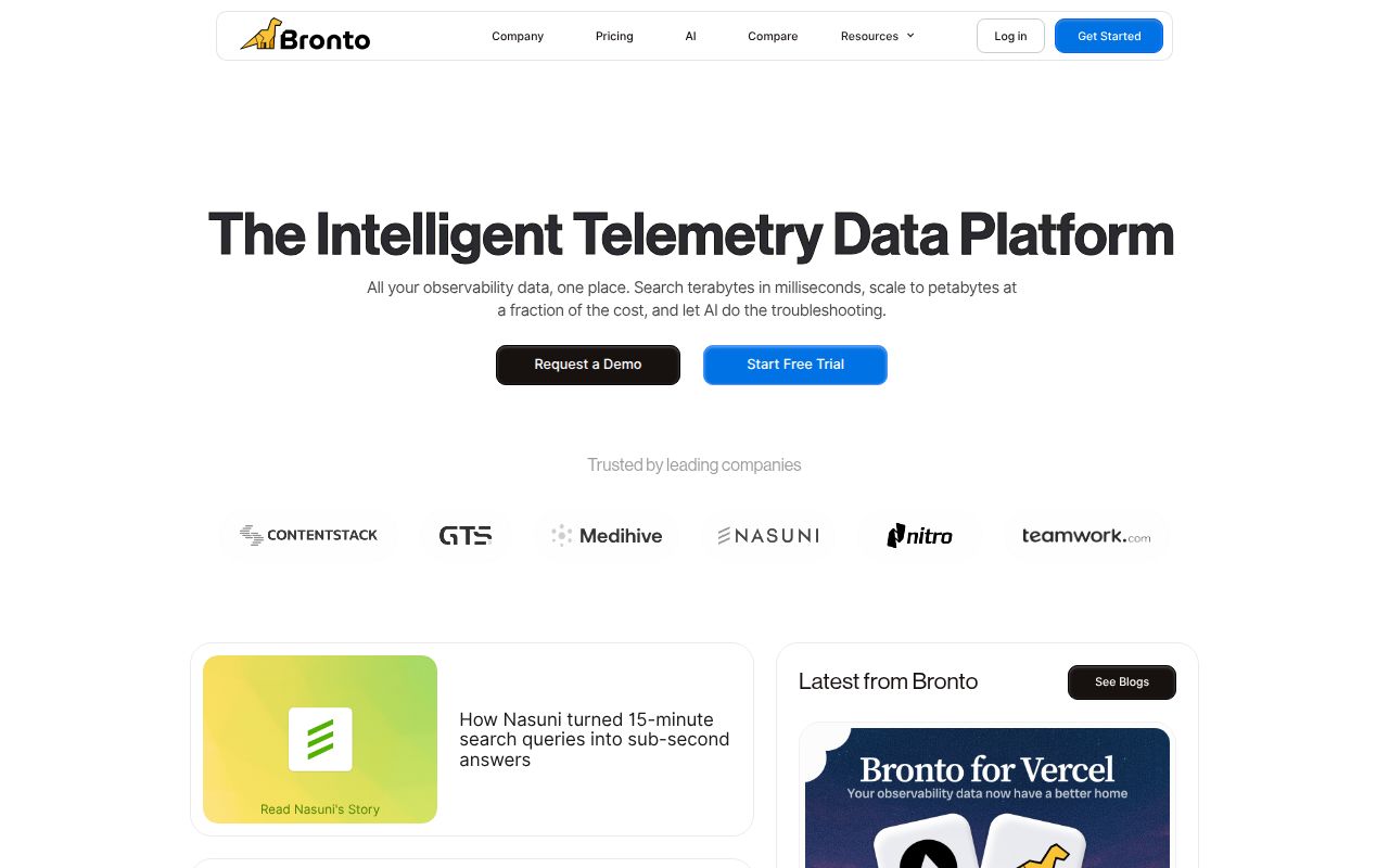 Screenshot of Bronto (bronto.io) — Logging layer for AI
