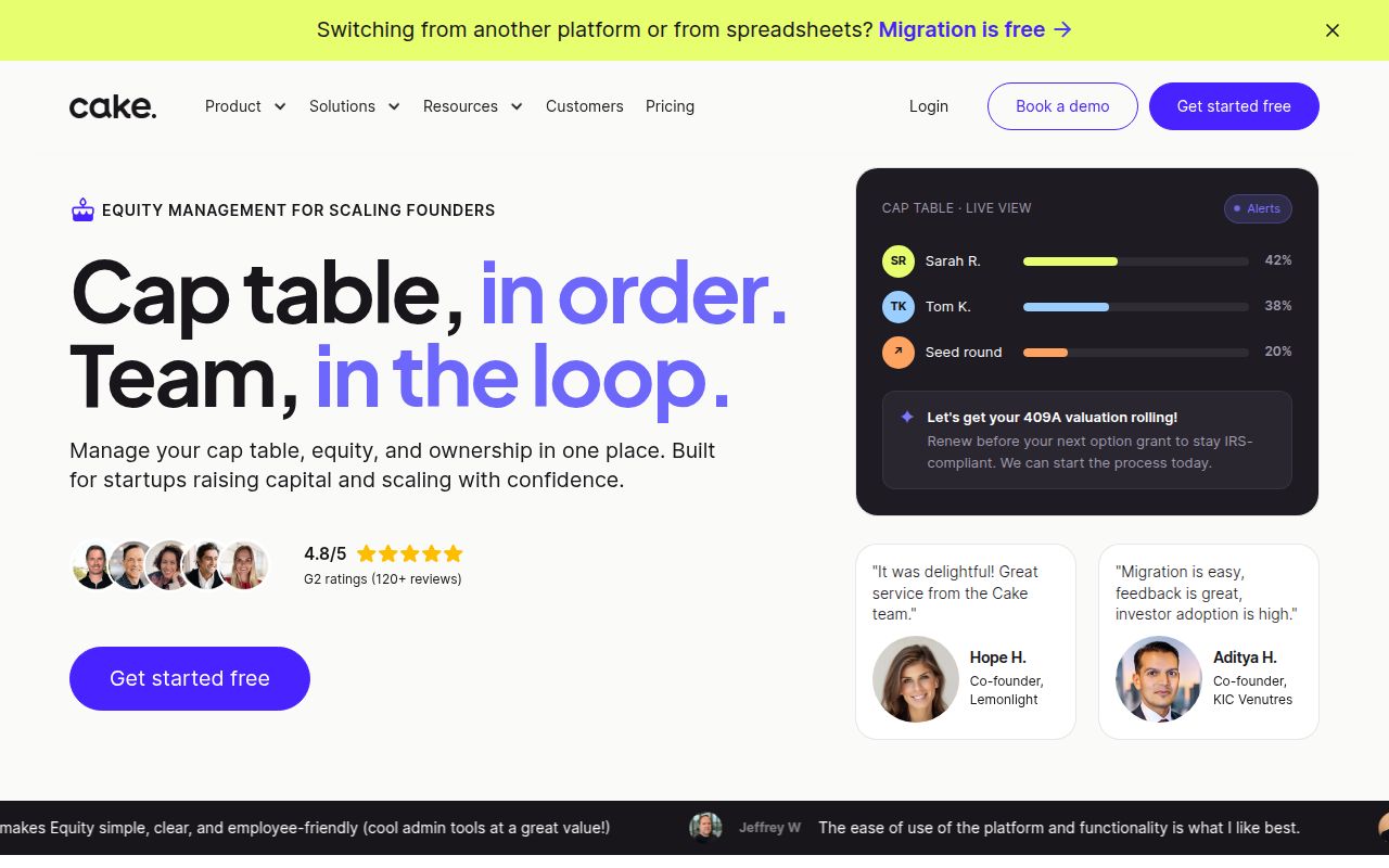 Screenshot of Cake Equity (cakeequity.com) — Cap Table and equity management for startups