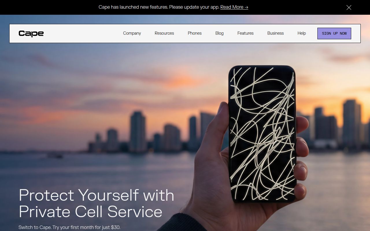 Screenshot of Cape (cape.co) — Cape is the privacy-first mobile network