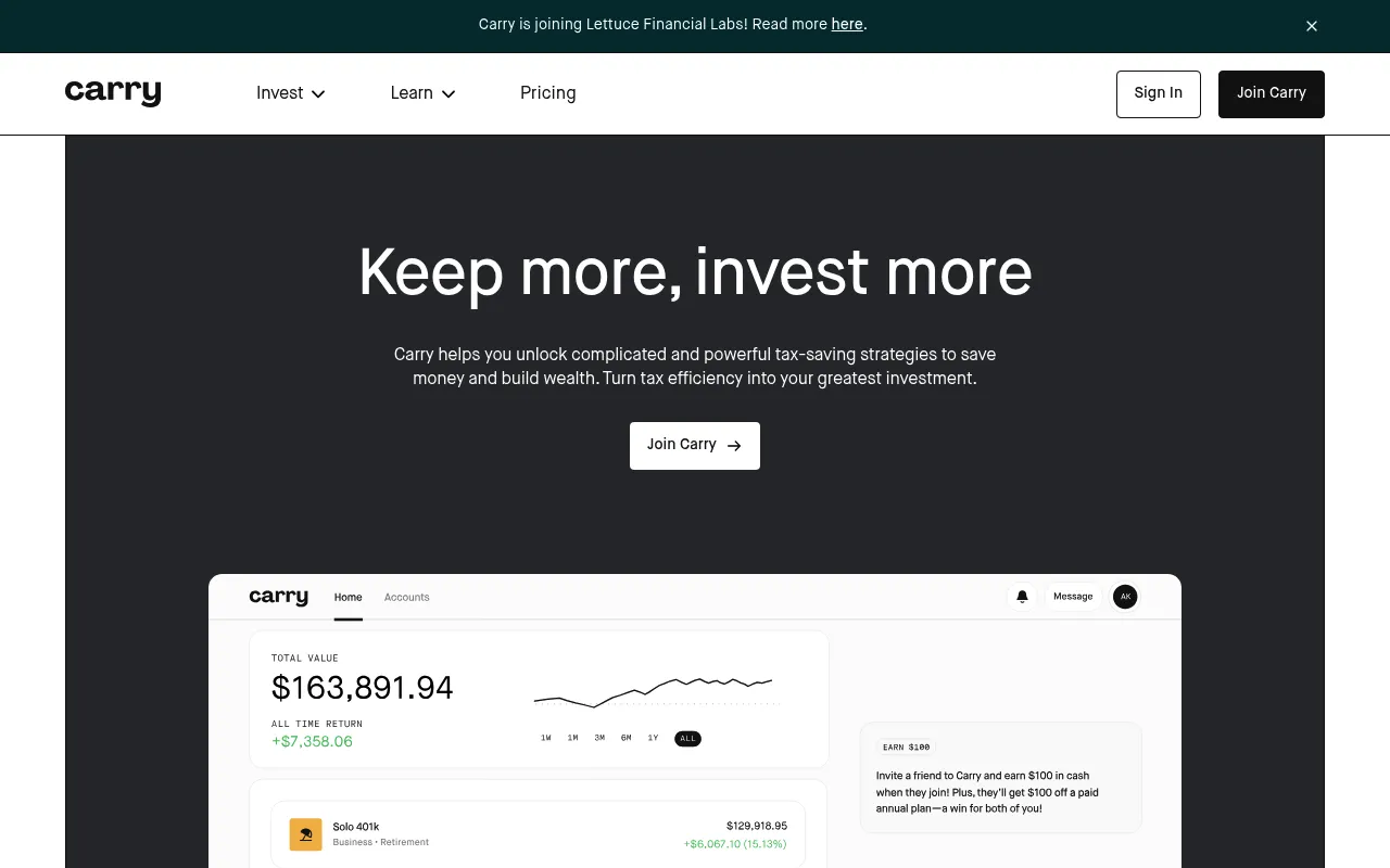 Screenshot of Carry (carry.com) — Helping business owners build wealth