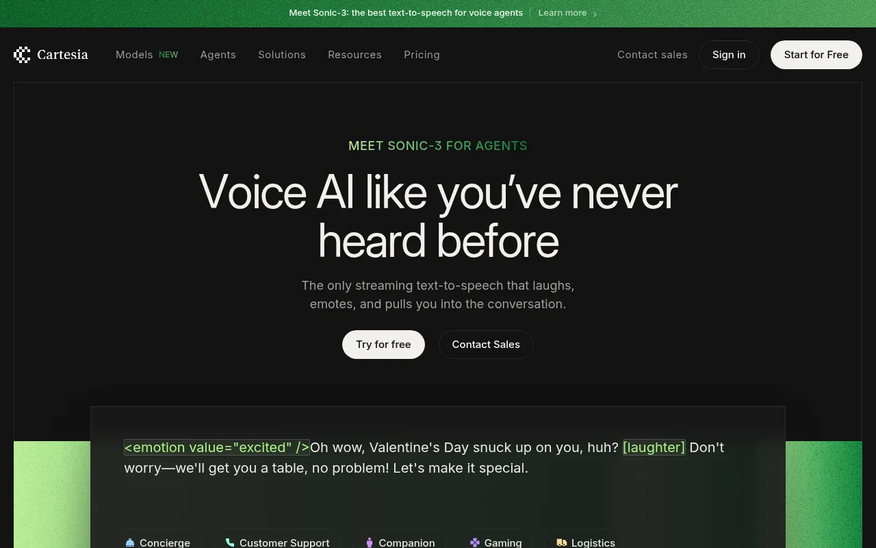 Screenshot of Cartesia (cartesia.ai) — Ultra-realistic voice AI platform