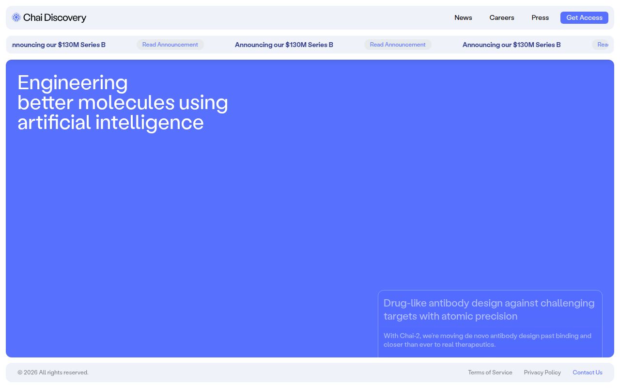 Screenshot of Chai Discovery (chaidiscovery.com) — Engineering better molecules using AI