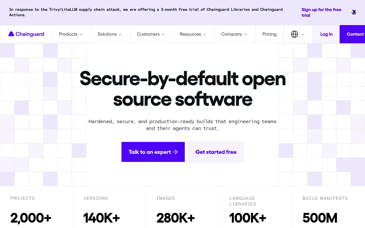 Screenshot of Chainguard (chainguard.dev) — Safe source for open source