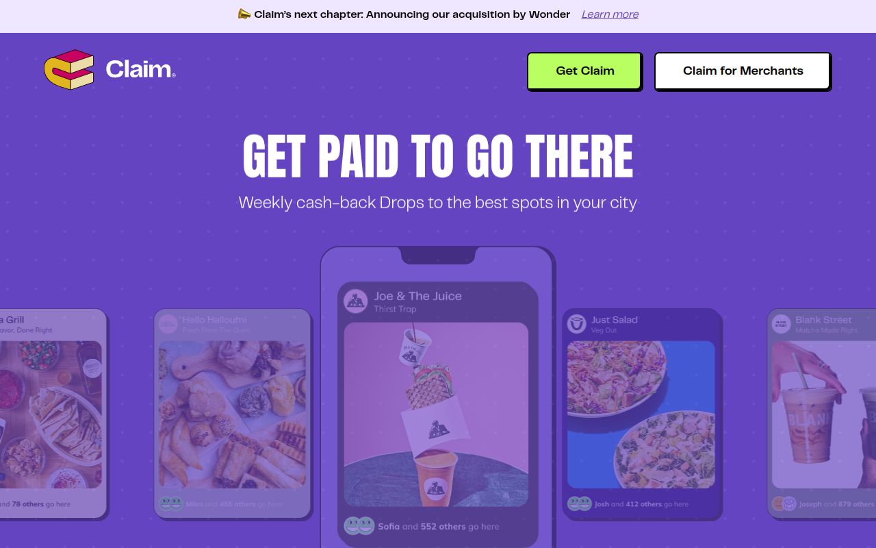 Screenshot of Claim (Acquired by GrubHub) (claim.co) — Get paid to eat and shop