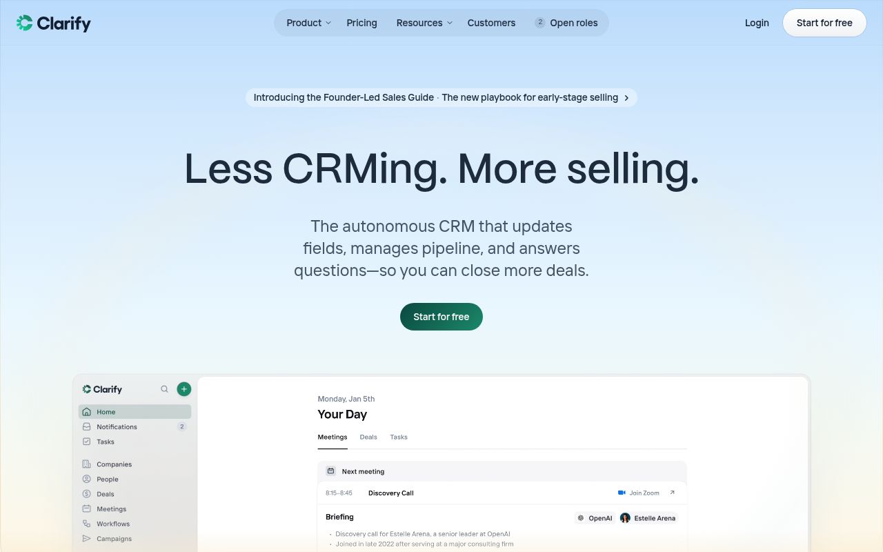 Screenshot of Clarify (clarify.ai) — Autonomous CRM