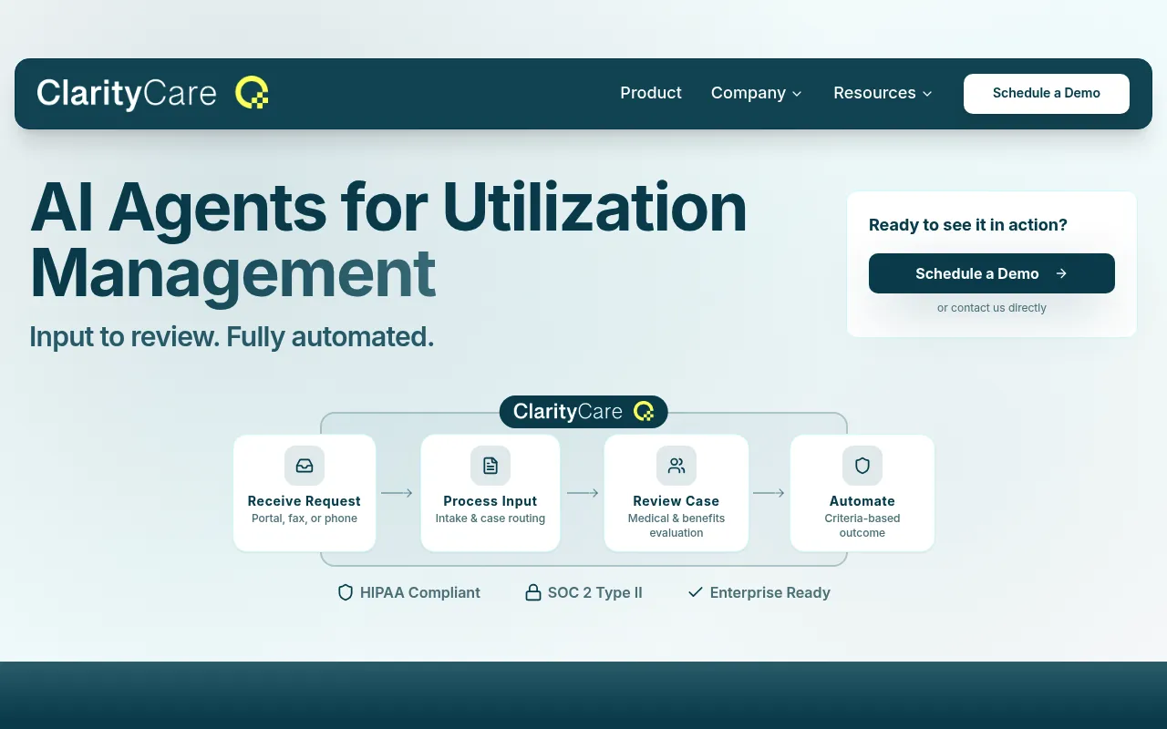 Screenshot of ClarityCare (claritycare.ai) — AI-powered prior authorization