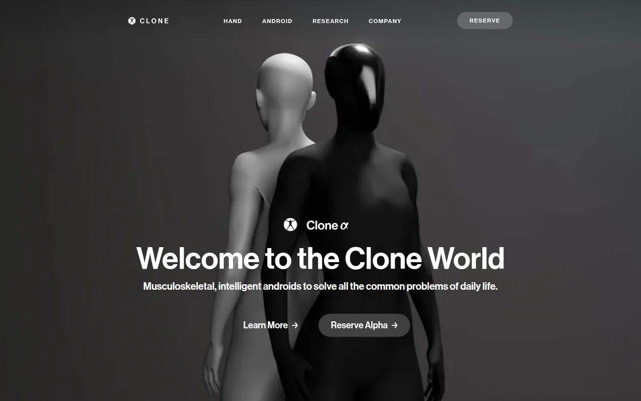 Screenshot of Clone (clonerobotics.com) — Musculoskeletal, superintelligent androids