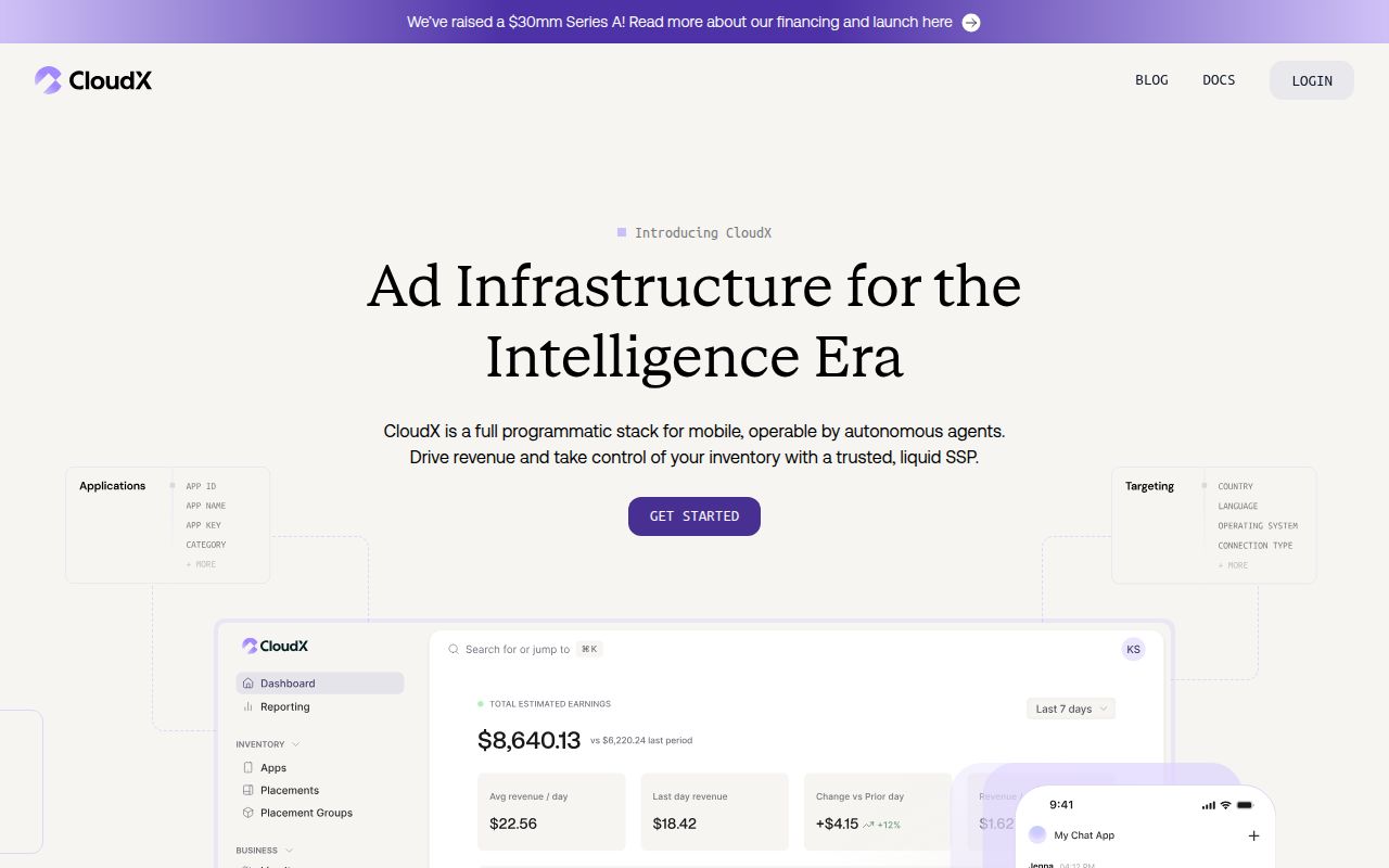 Screenshot of CloudX (cloudx.io) — SSP for mobile and AI publishers