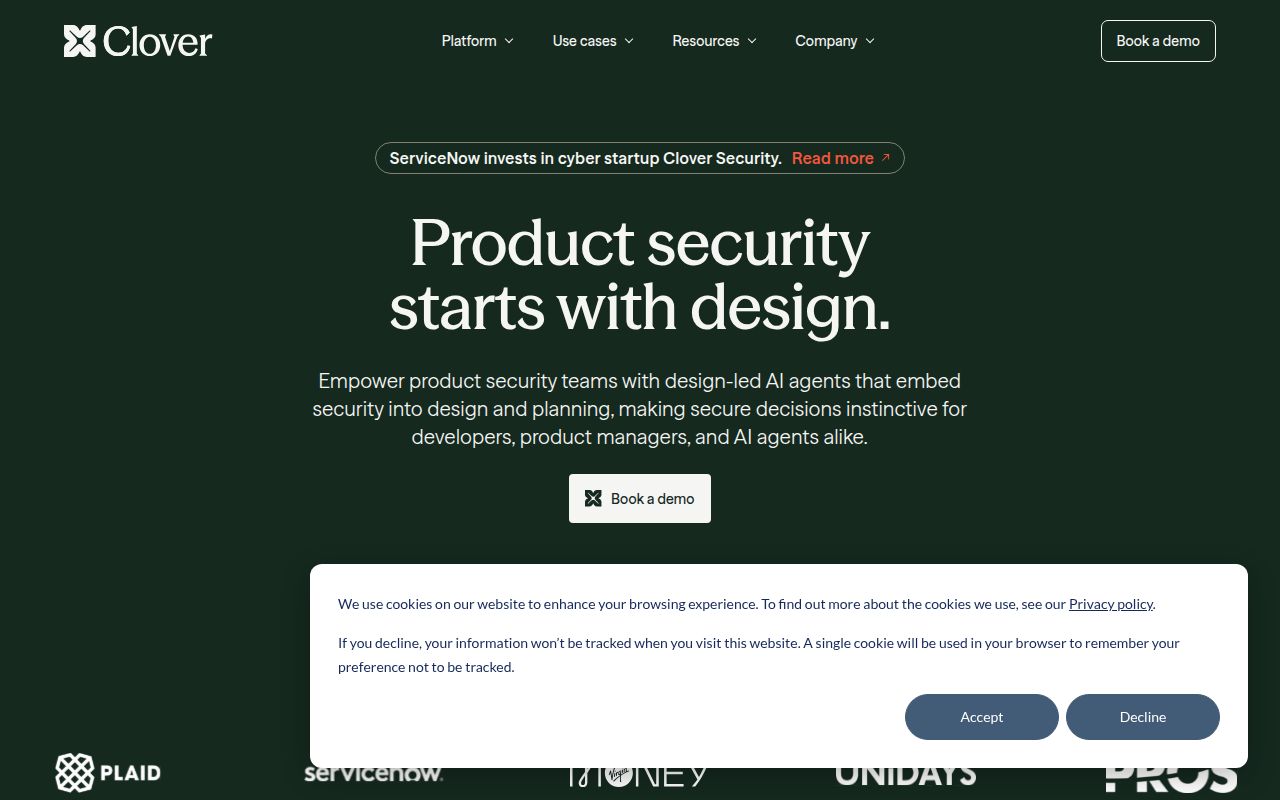 Screenshot of Clover Security (clover.security) — AI-driven product security