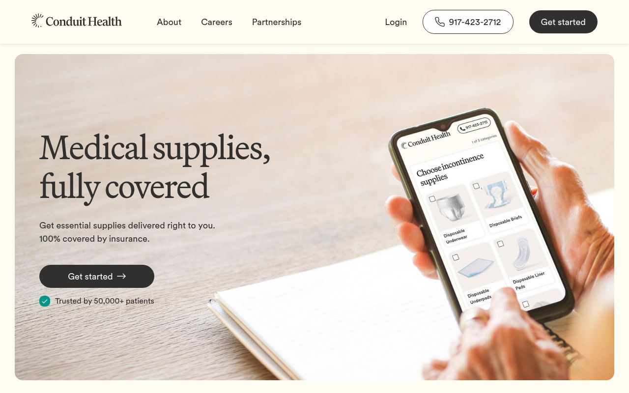 Screenshot of Conduit Health (conduithealth.com) — Getting covered supplies, covered