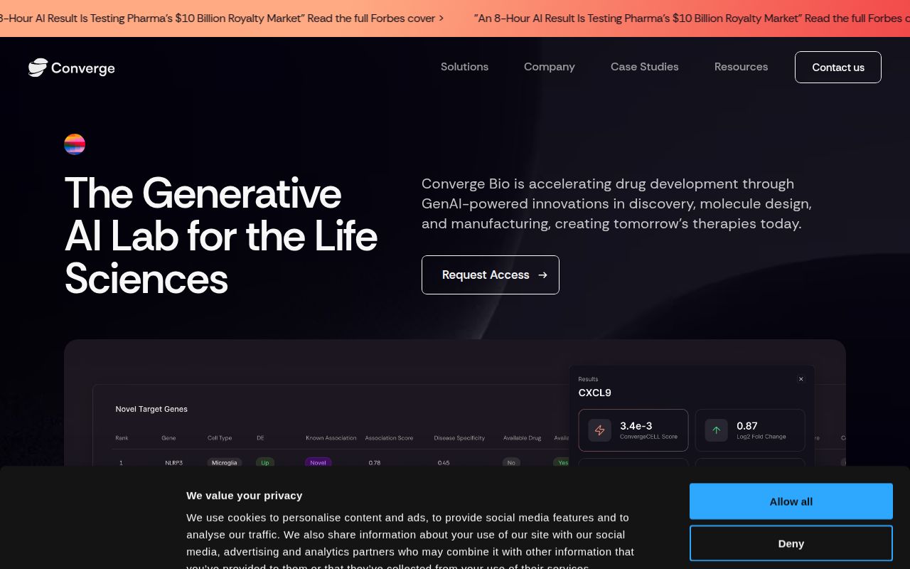 Screenshot of Converge Bio (converge-bio.com) — Accelerating therapeutic breakthroughs with AI