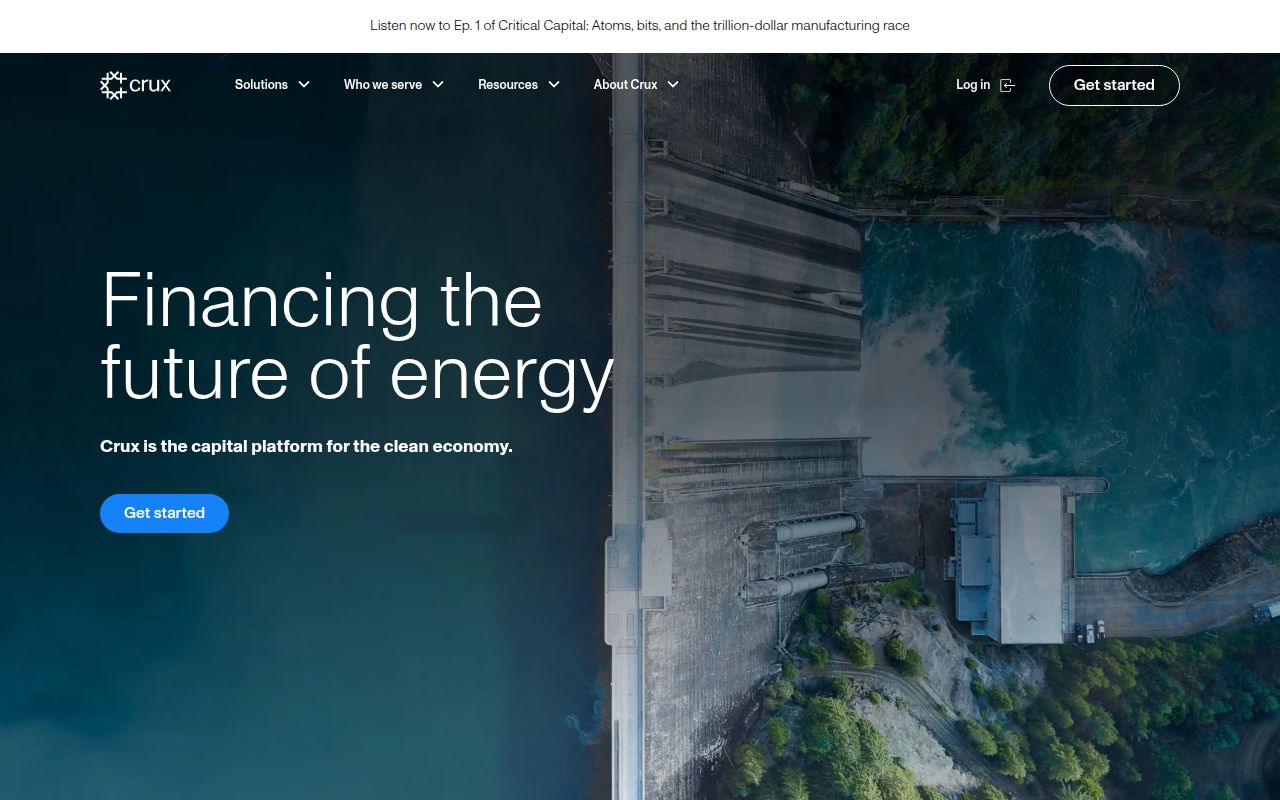 Screenshot of Crux (cruxclimate.com) — Efficient finance for America’s energy future